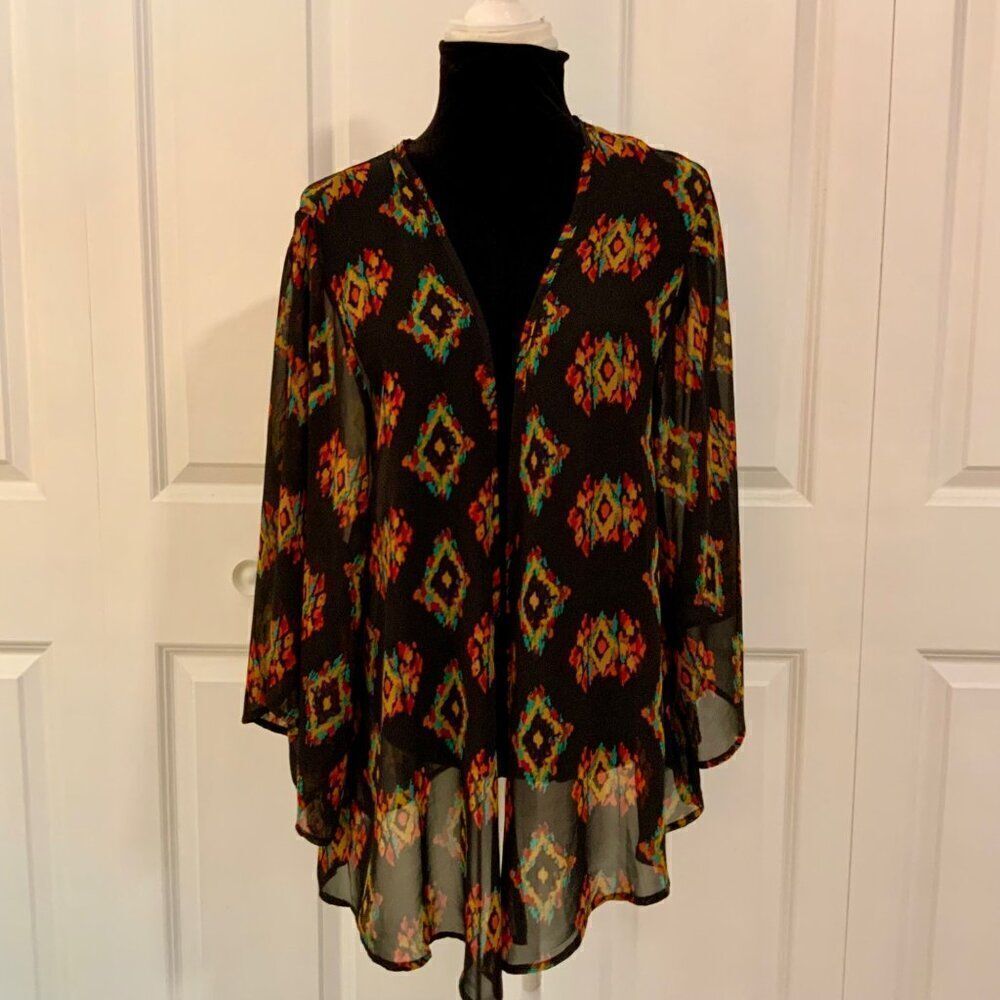 Elodie Black Orange Geo Print Sheer Kimono Medium